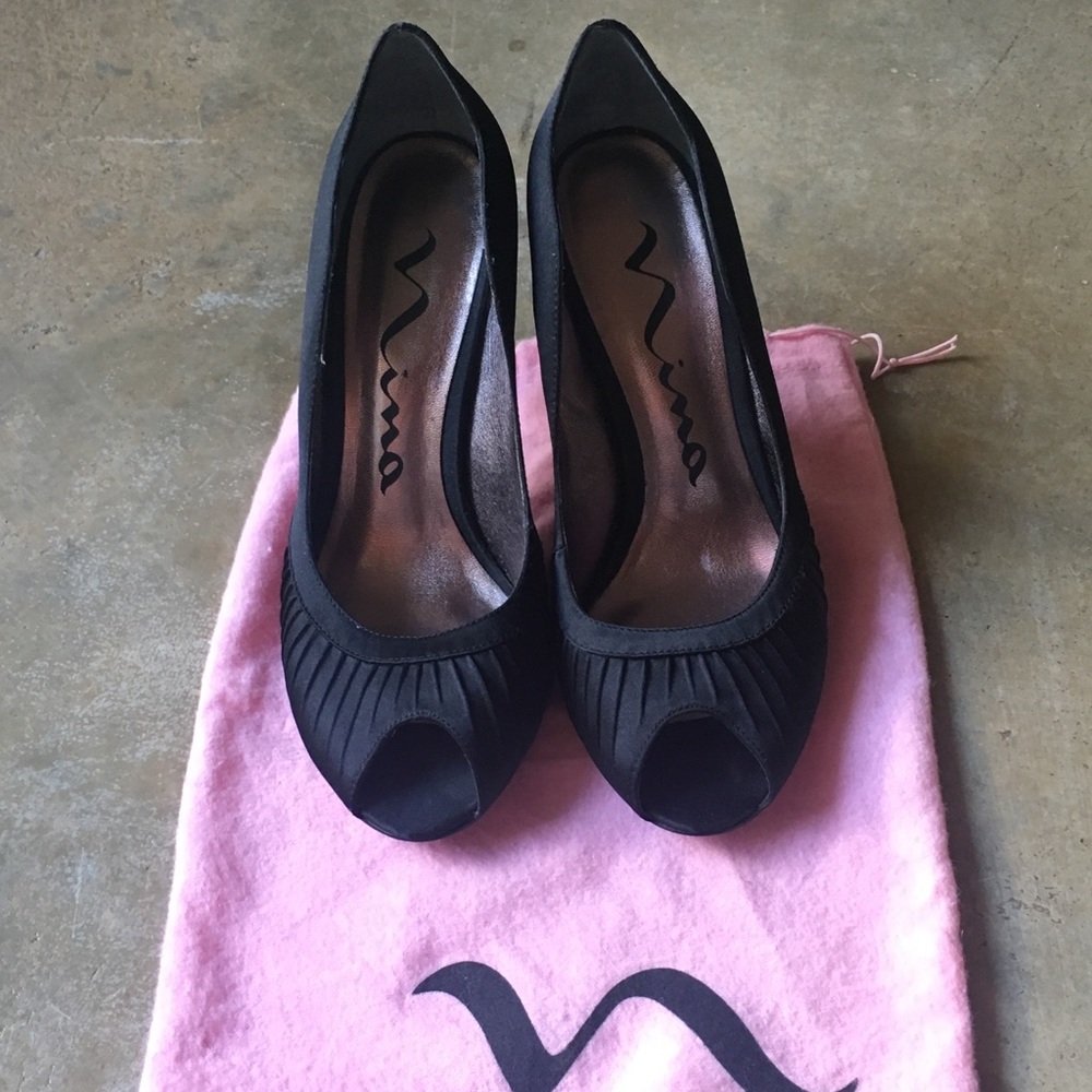 NINA Black Heel Stiletto Sandal Silk Shiny Black